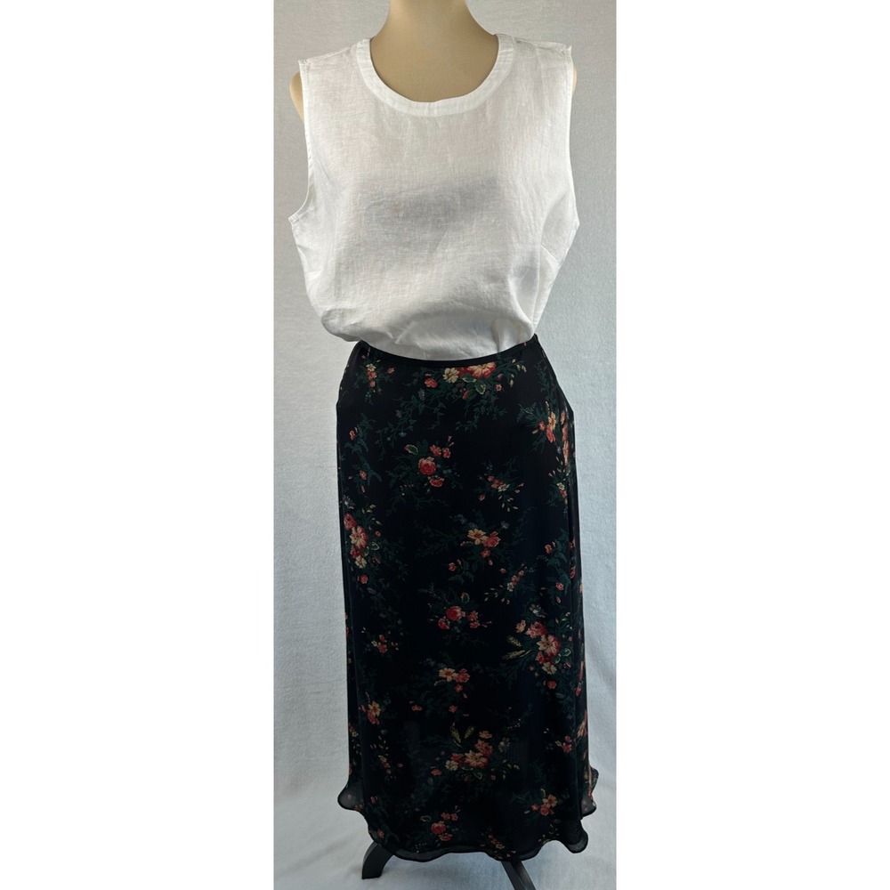 Vintage Lauren Ralph Lauren Black Floral Silk Lined Midi Skirt Petite 10